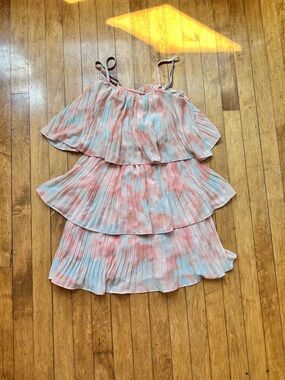 By Together Pink & Light Blue Pleated Tiered Mini Dress